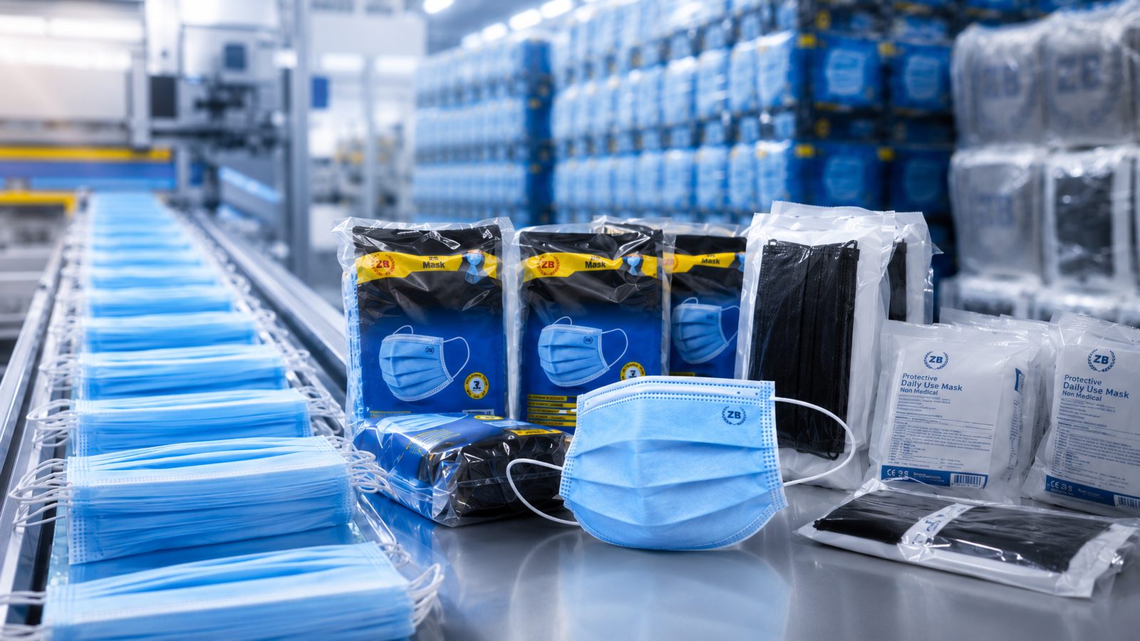 ZB Mask factory production line with packed boxes
